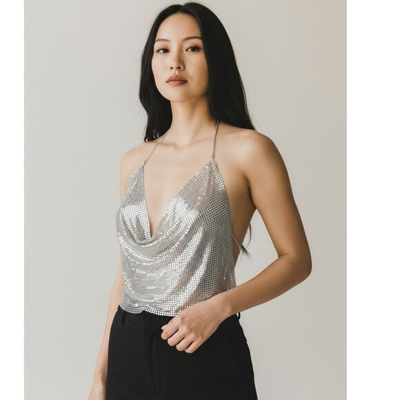 Y2K Cowl Neck Silver Mesh Chainmail Halter Top Backless Disco Edgy Fairycore - Picture 11 of 12